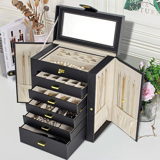 AKOZLIN 6-Tier Jewelry Box Organizer Functional 5 Drawers Leather Jewelry Storage Case for Women Girls Ring Necklace Earring Bracelet Holder Organizer with Mirror Black Large