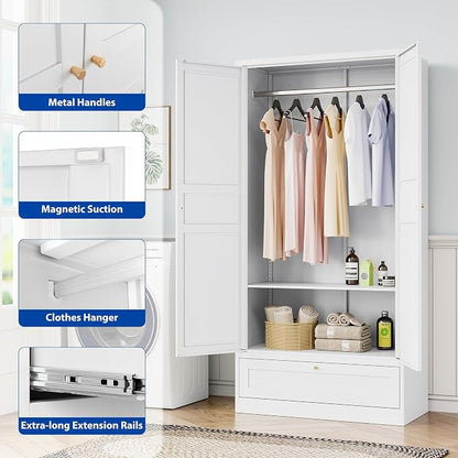 BYNSOE Metal Armoire Wardrobe Closet with 2 Doors 72'' Wardrobe Cabinet with Drawers and Hanging Rail Metal Closet with Adjustable Shelves for Bedroom. (White, with 1drawer)