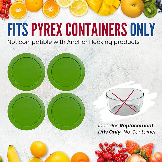 Replacement Lids fits Pyrex 6 & 7-Cup Glass Food Storage Container Bowls, 7.5-Inch Plastic Round Lids Covers for Pyrex 7402-PC, Airtight & Leakproof (4-Pack, Green)