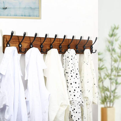 WEBI Coat Rack Wall Mount,38 9/16" Long,10 Tri Hooks for Hanging Coats,16" Hole to Hole,Coat Hooks Wall Mounted Coat Hanger,Farmhouse Wood Hook Rack for Clothes,Jacket,Hats,Rustic Black