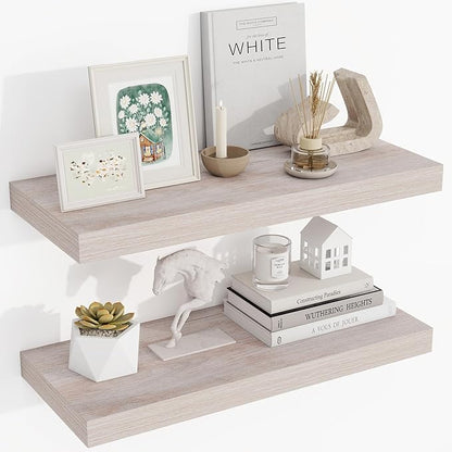 Acovy 24 Inch Floating Shelves, 3D Textured Wood Grain, 24"x9.25"x1.5" Inch Deep Floating Shelves for Wall, Wooden Shelves for Bathroom, Bedroom, Living Room, Washed White, 2 Pieces
