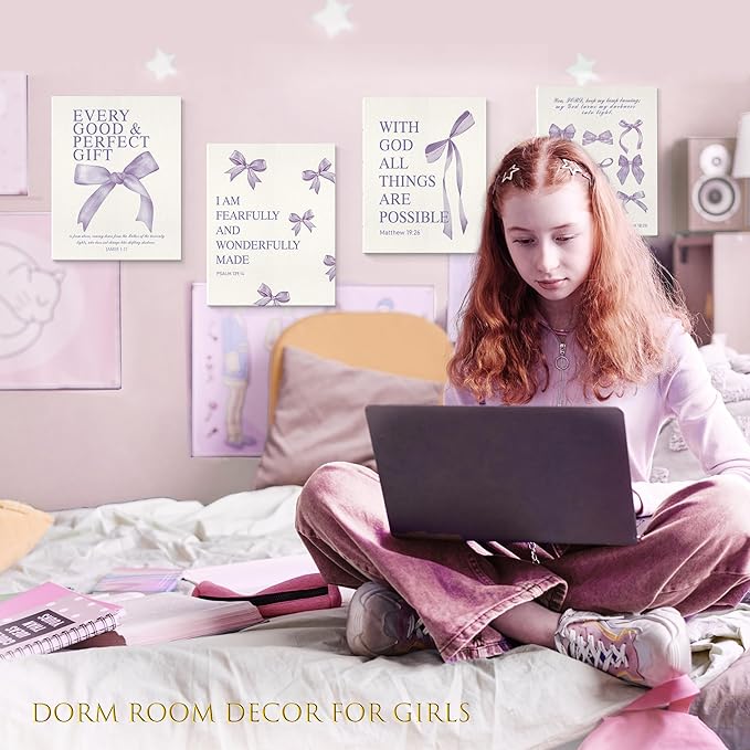 LARTSFRO Coquette Purple Bow Canvas Wall Art Decor Prints Posters, Purple Bow Room Bedroom Bathroom Dorm Wall Art Decor Aesthetic for College Teen Girls Gifts, Inspirational Bible Verses Bow Wall Decor, 11x14 Inch Set of 4 Pcs Bow Pictures (Canvas Fram...