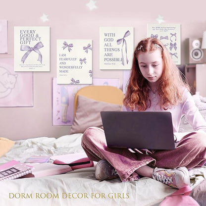 LARTSFRO Coquette Purple Bow Canvas Wall Art Decor Prints Posters, Purple Bow Room Bedroom Bathroom Dorm Wall Art Decor Aesthetic for College Teen Girls Gifts, Inspirational Bible Verses Bow Wall Decor, 11x14 Inch Set of 4 Pcs Bow Pictures (Canvas Fram...