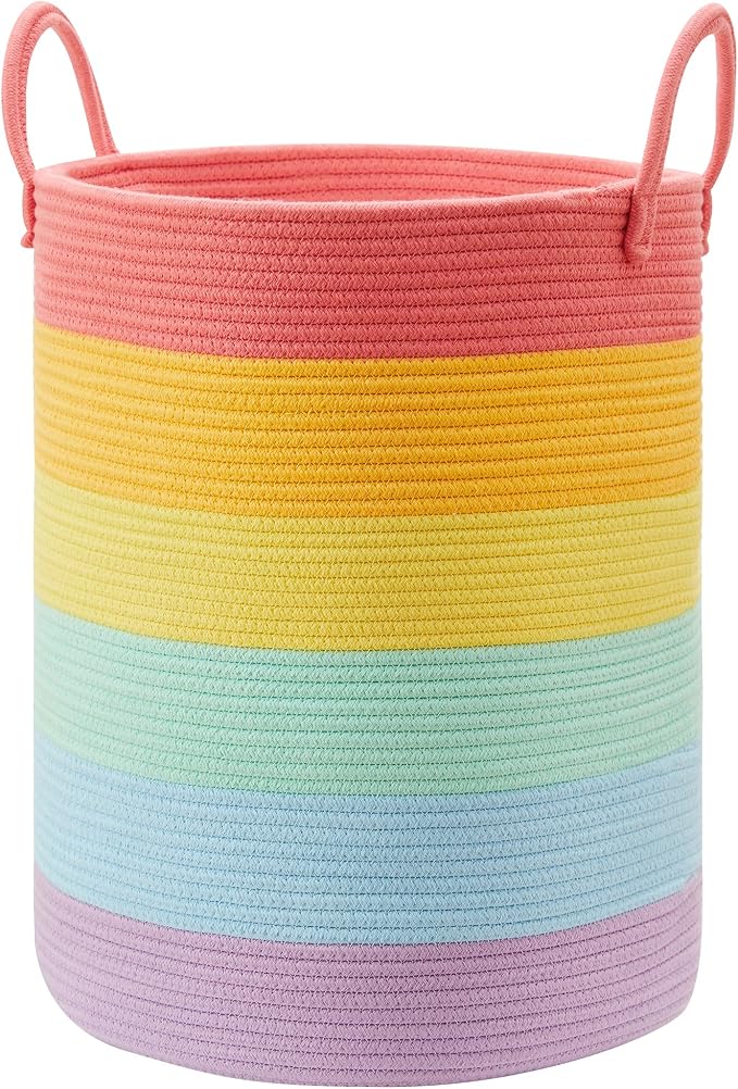 Rainbow 15"Dx20"H Baby Girls Kids Laundry Hamper Basket for Nursery Toddler Clothes Blanket Toy Storage Woven Rope Unicorn Hamper in Playroom Bedroom 60L Large