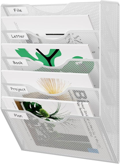 EasyPAG Wall File Organizer 5 Tier Hanging Paper Folder Holder, Zero Assembly Metal Mesh Wall Mounted Mail Organizer for Office Home Classroom Narrow Spaces, White