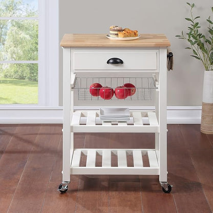 OSP Home Furnishings Hampton Kitchen Cart with Wood Top, Utensil Drawer, Under Cabinet Basket, and 2 Slatted Shelves, White Base