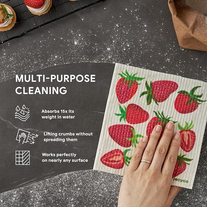 RECYCO Swedish Dishcloths for Kitchen | 5 Pack Fruit Grove Washable Dish Rags | Cellulose Reusable Cleaning Paper Towels | Absorbent Counter Dish Cloth Sponge Kitchen Wipes, 8" L x 7" W