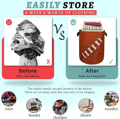 Football Laundry Basket Foldable With Handles American Ball Tote Bag Oxford Cloth Funny Laundry Hamper Clothes Storage Bucket Toy Organizer For Bathroom/Laundry/Bedroom 18.9" x 16.5 "