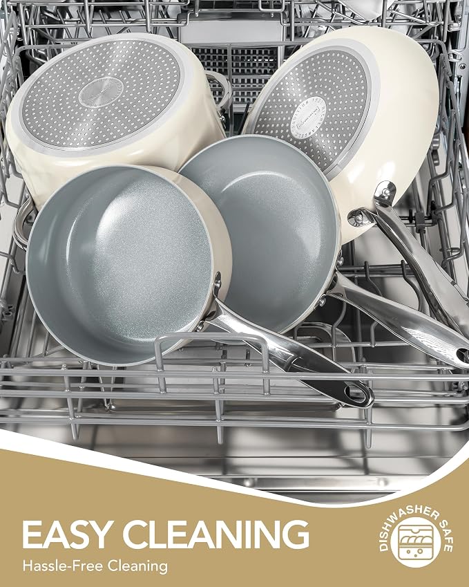 MICHELANGELO Pots and Pans Set Non Stick 8 Piece Ceramic Cookware Set Cream | PFAS-Free Cream Ceramic Nonstick Cookware Set for Eggs, Pancakes, Sauces, Low-Oil Cooking and Induction Ready, Fast Cleanup