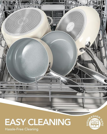 MICHELANGELO Pots and Pans Set Non Stick 8 Piece Ceramic Cookware Set Cream | PFAS-Free Cream Ceramic Nonstick Cookware Set for Eggs, Pancakes, Sauces, Low-Oil Cooking and Induction Ready, Fast Cleanup