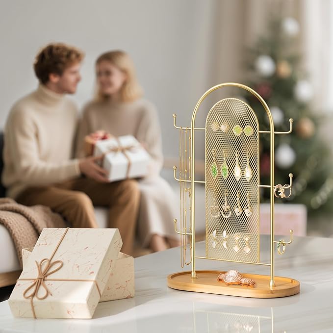 bussdis Jewelry Holder Organizer Earring Display - Earring Storage Tree Stands Towers With 6 Hooks 300 Studs Wood Tray Gold Metal Rack