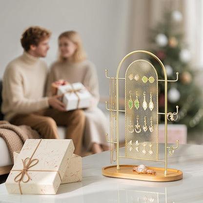 bussdis Jewelry Holder Organizer Earring Display - Earring Storage Tree Stands Towers With 6 Hooks 300 Studs Wood Tray Gold Metal Rack