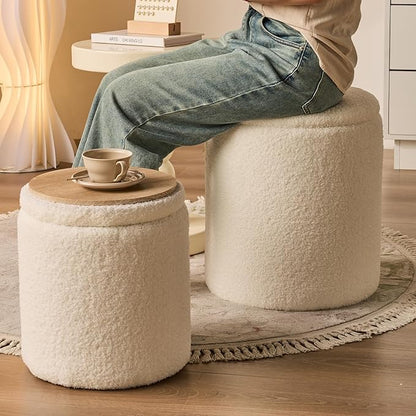 BLEXA Round Ottoman with Storage Set of 2-Upholstered Sherpa Vanity Stool for Makeup Multifunctional Ottomans Coffee Table Padded Seat Foot Rest for LivingRoom&Bedroom(Sherpa White)