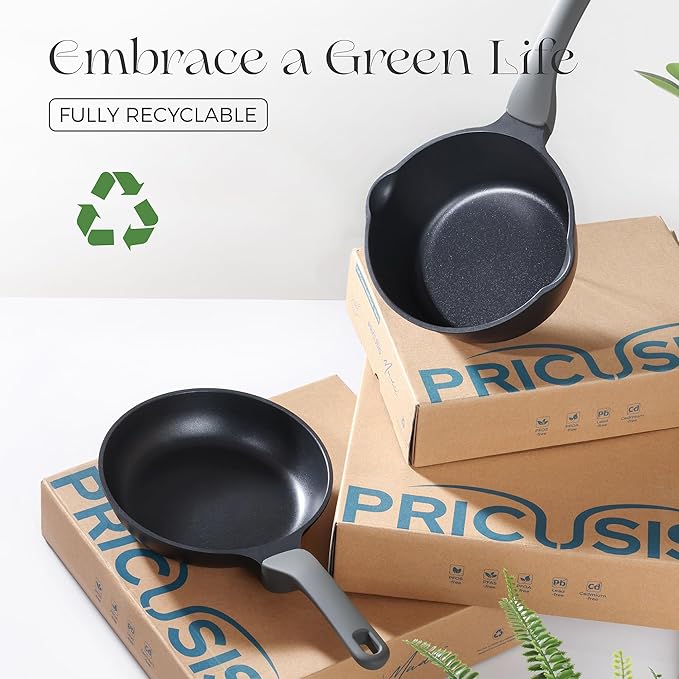PRICUSIS Nonstick Frying Pan with Lid, 8/10 Inch Skillet with Stay Cool Handle, Fully Coated, Induction Compatible & Oven Safe, 100% Dishwasher Safe, PTFE & PFOA Free（10 Inch, Black Sesame）