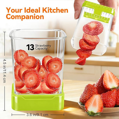 Fruit Slicer Cup for Strawberry, Banana, Hard-Boiled Egg - Detachable Cutter with Push Plate - Rapid & Safe Slicing Kitchen Gadget for Quick Meal Prep (Food green)