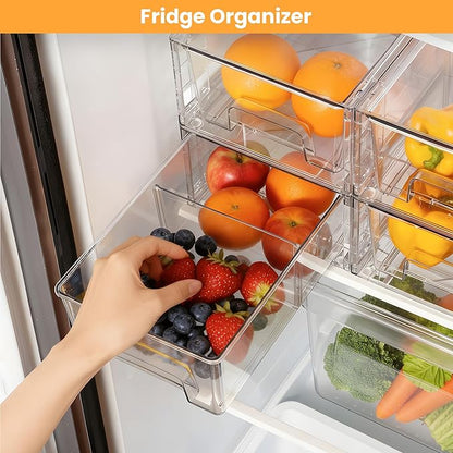 6 Pack Stackable Storage Drawers,Plastic Organizers Bins, Drawers Storage with Handles and Movable Dividers for Organization and Storage in Fridge,Bathroom, Pantry, Kitchen Cabinets, Under Sink