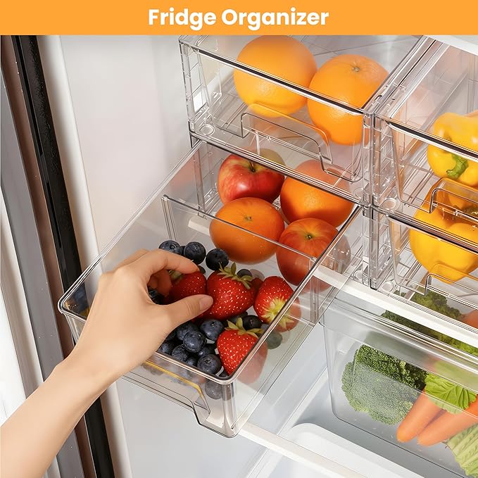 4 Pack Stackable Storage Drawers,Plastic Organizers Bins, Drawers Storage with Handles and Movable Dividers for Organization and Storage in Fridge,Bathroom, Pantry, Kitchen Cabinets, Under Sink
