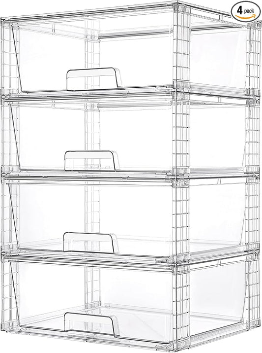 Vtopmart 4 Pack Large Stackable Storage Drawers,Easily Assemble Clear Acrylic Bathroom Closet Undersink Organizers,Plastic Storage Bins for Cabinet,Kitchen Pantry,Medicine Organization
