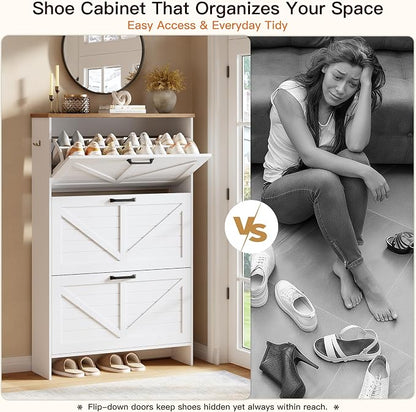 Shoe Storage Cabinet for Entryway, Nicetree Freestanding Shaker Barn Door Ultra Slim Shoe Cabinet With 3 Flip Drawers, Farmhouse Shoe Rack With 3-Tier Adjustable Shelves For Hallway Foyer Rustic-White