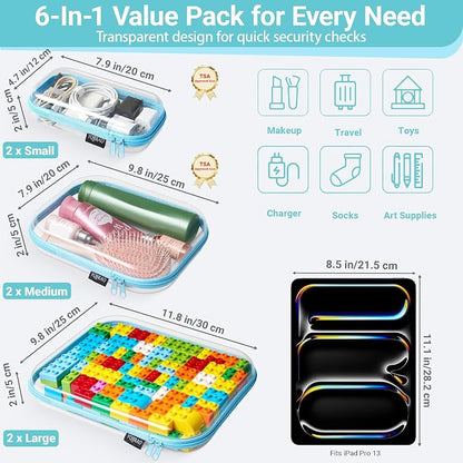YQBRAO 6 Pack Sky Blue Clear Hard Shell Zipper Case, 1.2mm Heavy Duty Multi-Size Organizer Pouches for Home & Travel, Crush-Proof Storage Bags for Essentials, Toys & Toiletries (2L, 2M, 2S)