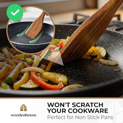 Wooden Spatula for Cooking - Non-Scratch, Sturdy, Natural Teak Cooking Utensils - Easy to Clean Wooden Spatula Set with Turner, Scraper, Slotted & Frying Wood Spatulas, Jar Scraper, Spoonula - 6 Pcs