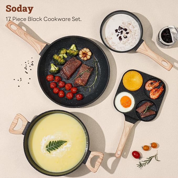 SODAY 17 Pcs Pots and Pans Set Non Stick Kitchen Cookware Sets Nonstick Induction Cookware Non-toxic Black Granite Cooking Tools with Stay-Cool Handles, Pot Protectors (PFOS/PFOA Free)