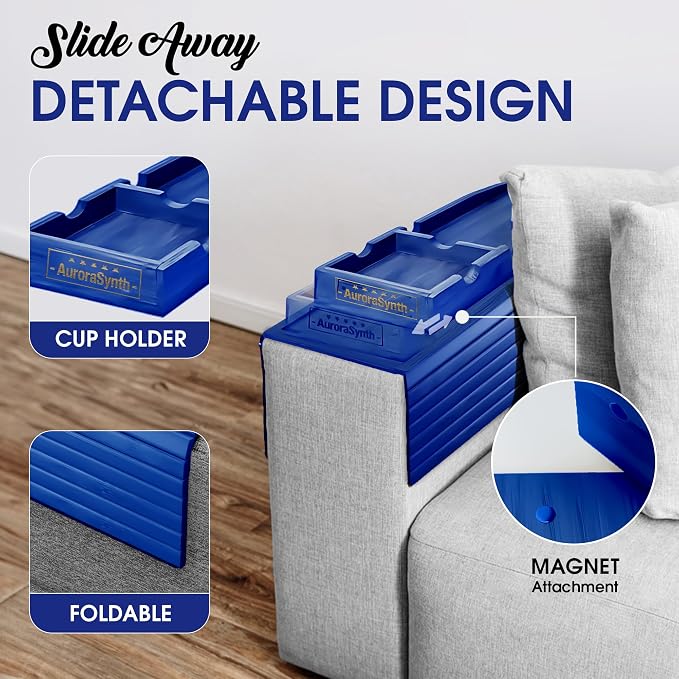 Couch Cup Holder Tray with 2 Cork Coasters, Couch Arm Tray, 2 in 1 Anti-Slip Foldable Sofa Arm Tray, Couch Armrest Table, Anti-Spill Couch Arm Table for Drinks TV Remote Cellphone Snacks (Blue)