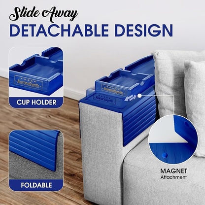 Couch Cup Holder Tray with 2 Cork Coasters, Couch Arm Tray, 2 in 1 Anti-Slip Foldable Sofa Arm Tray, Couch Armrest Table, Anti-Spill Couch Arm Table for Drinks TV Remote Cellphone Snacks (Blue)
