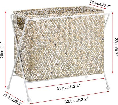 BTSKY Handwoven Magazine Holder, Natural Seagrass Magazine Basket with Metal Rack, Mail Holder Floor Organizer for Office, Living Room, Dorm, Bathroom, Woven Rattan File Basket with Handle (White)