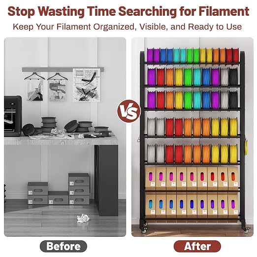 7-Tier 3D Printer Filament Storage Rack with Wheels, Heavy Duty Adjustable Metal Shelf Holds 80 Spools, Tall Mobile Filament Organizer with Hooks for 3D Printing Business & Workshop