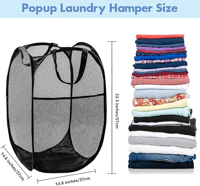 DUCOO Pop Up Laundry Hamper, 70L Collapsible Mesh Laundry Basket with Side Pocket, Foldable Dirty Clothes Hamper with Sturdy Reinforced Handles for Home Dorm Bedroom Travel Bathroom Storage, Black
