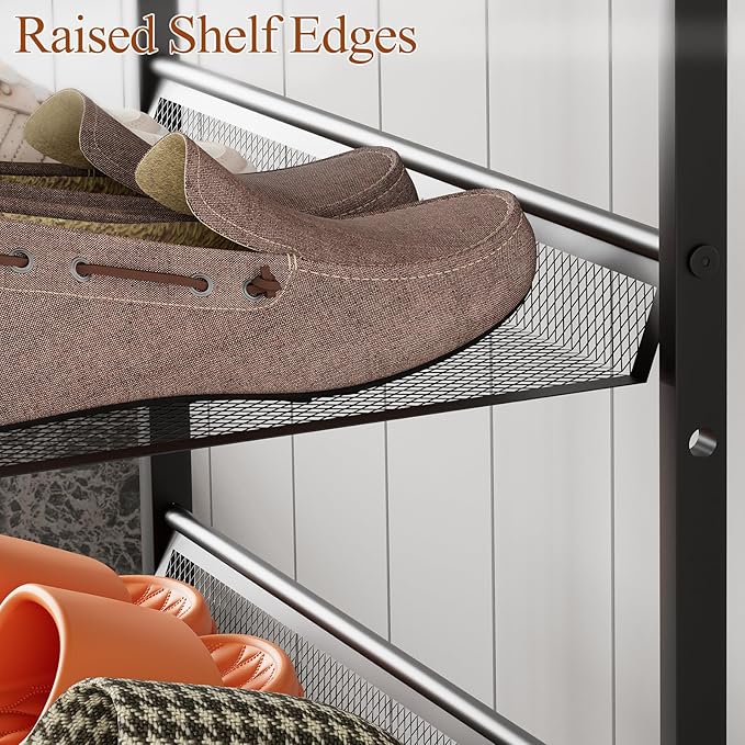 Garden 4 you 3 Tiers Narrow Shoe Rack,Small Space Freestanding Shoe Storage Organizer with Brown Wooden Tabletop,Adjustable Metal Shelf Stackable Shoe Shelf for Entryway Hallway Living Room Closet