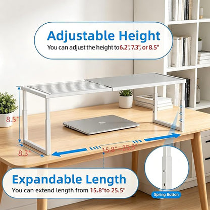 Shelf Organizer Stackable 1 Pack: Expandable (15.8"-25.5") Spice Rack Height Adjustable(6.2"/7.3"/8.5") Kitchen Organizer Countertop Metal Shelves for Pantry Storage White