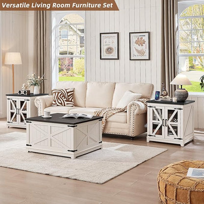 Farmhouse Coffee Table Sets 2 Pieces, Large End Side Tables with Charging Station and Coffee Table with Hidden Storage Compartment, Black Living Room Table Set, Wood Furniture Sets for Home Office