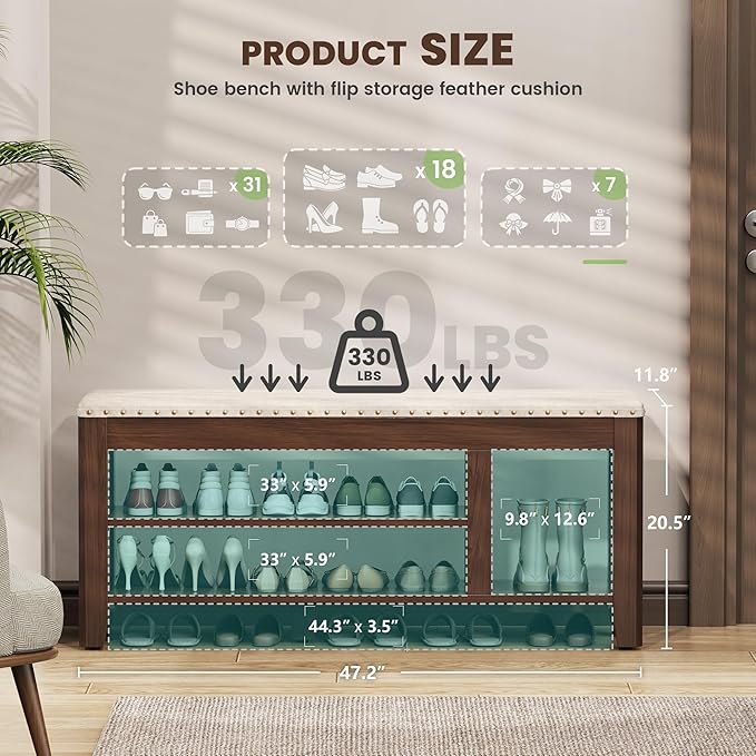 Shoe Bench for Entryway, Solid Rubberwood Shoe Bench with Hidden Storage, Adjustable 2-Tier Shelves & Soft PU Leather Seat, Shoe Rack Durable Easy Assembly for Hallway or Bedroom - Beige, 47.2"