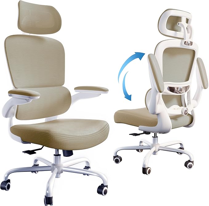 TRALT Ergonomic Office Chair - Desk Chair with Adjustable Headrest Lumbar Support Computer Chair - Mesh Comfy Chair with Flip-up Armrests - Gaming Chairs for Adults Home Office (PU Leather,Khaki)