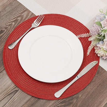 SHACOS Round Braided Placemats Set of 8 Washable 15 inch Round Table Mats Non Slip Woven Place Mats for Christmas Holiday Dining Table Decor (Red, 8)