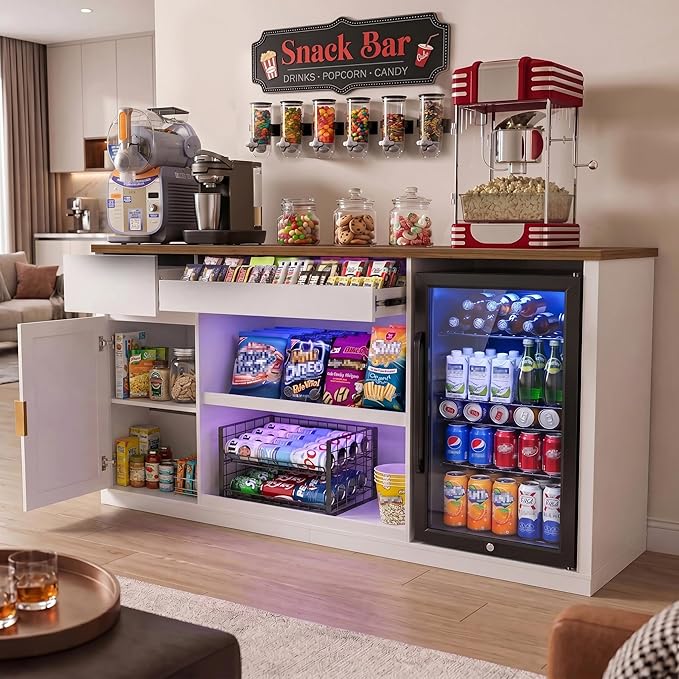 GDLF Snack Bar Cabinet with Fridge Space, 70.1" Snack Organizer with Storage and Candy Display Shelf, Coffee Station for Home Theater or Game Room with LED Lights, White