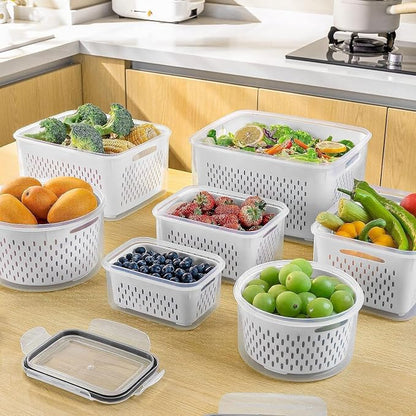 8 PCS Fruit Storage Containers for Fridge, Leakproof Produce Containers for Fridge with Removable Colander, Microwave/Dishwasher Safe Fruit Washing Bowl Keep Fruits, Vegetables, Berry Fresh longer