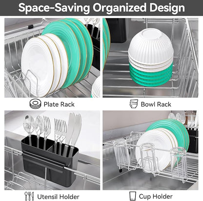 Urackify Dish Drying Rack in Sink, 304 Stainless Steel Expandable (15.35"-23.23"L) Over the Sink Dish Rack with Utensil Holder for Compact Kitchen, Space - Saving Dish Drainer for Inside Sink, Silver