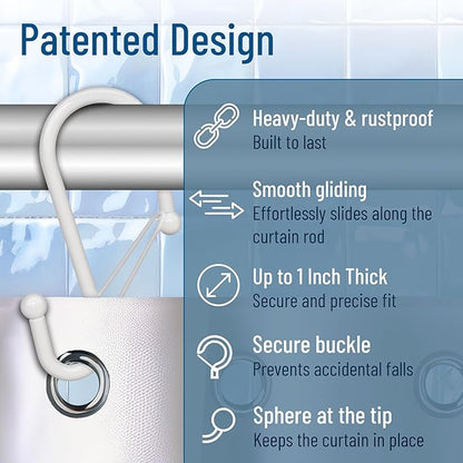12 Decorative Metal Shower Curtain Hooks, S-Shaped Hooks with Anti-Fall System, Rust-Proof Shower Rings with Safety Buckle, Fits Rods Up to 1-Inch Diameter (S, White)