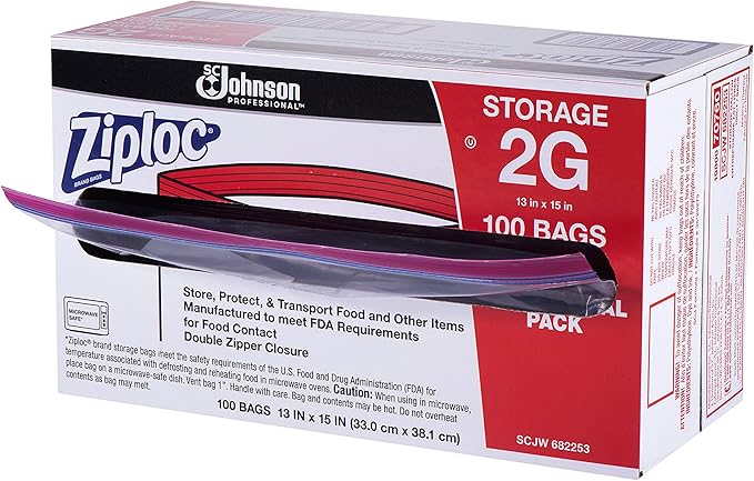 SC Johnson Professional Ziploc Brand Food Storage 2 Gallon Bags, Food Storage Ziploc Brand Bags, Commercial Pack, 100 Count Box, for Professional Use Only