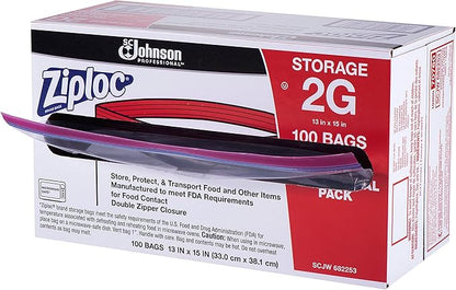 SC Johnson Professional Ziploc Brand Food Storage 2 Gallon Bags, Food Storage Ziploc Brand Bags, Commercial Pack, 100 Count Box, for Professional Use Only