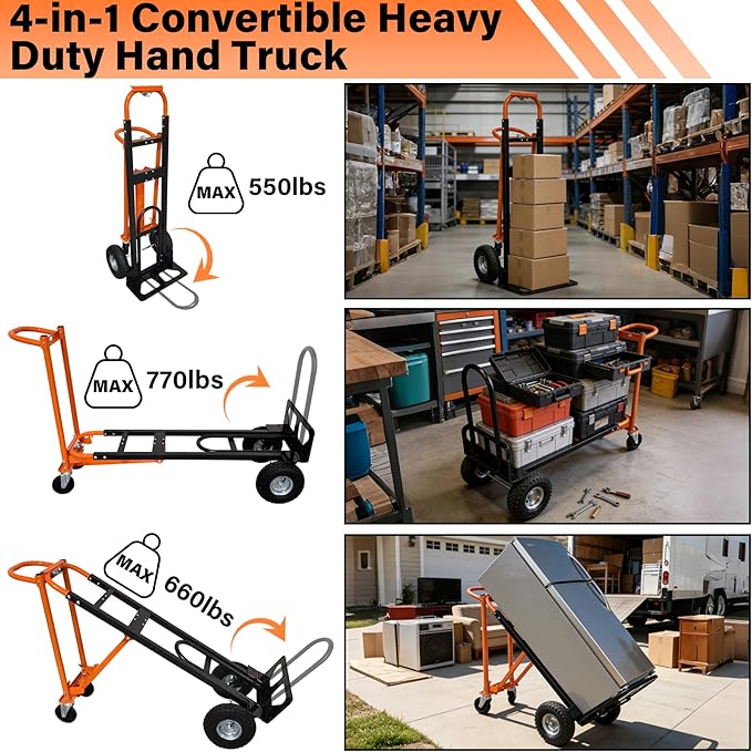 4 in 1 Industrial Convertible Hand Truck, 770 LBS Capacity Heavy Duty Dolly Cart with 4 Wheels, Versatile Folding Trolley with Ergonomic Handles, Platform Cart for Transport, Moving, Warehouse, Home