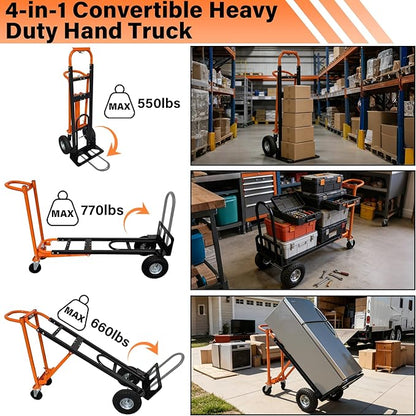 4 in 1 Industrial Convertible Hand Truck, 770 LBS Capacity Heavy Duty Dolly Cart with 4 Wheels, Versatile Folding Trolley with Ergonomic Handles, Platform Cart for Transport, Moving, Warehouse, Home