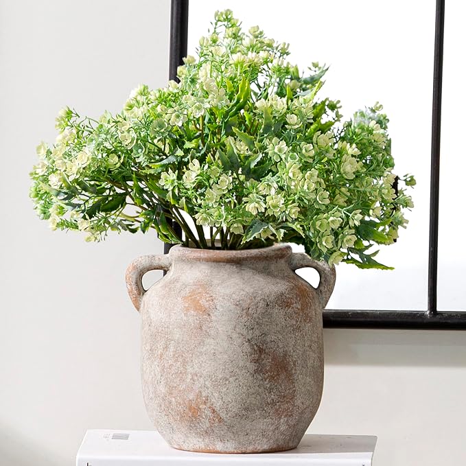 Ceramic Flower Vase Home Decor - Farmhouse Rustic Table Vases with Handle Living Room Decoration Decorative Vintage Pottery for Kitchen Shelf Coffee Dining Bookshelf Fireplace Centerpiece (6" Retro)