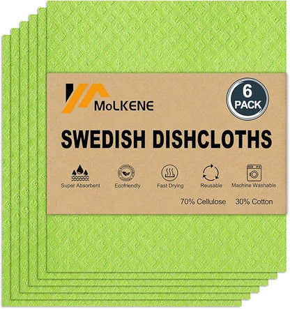 MoLKENE Swedish Dishcloths for Kitchen | 6 Pack Absorbent Cellulose Sponge Cloths Washable | Non-Scratch Reusable Paper Towels Quick Drying Cleaning Cloths - Lime Green