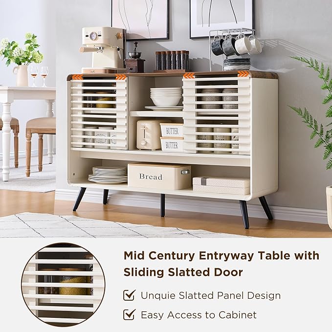 OKD Entryway Table with Sliding Slatted Door, 46" Mid Century Modern Wood Console Table w/Adjustable & Open Storage Shelf, Sofa Table Behind Couch for Hallway, Foyer, Living Room, Antique White