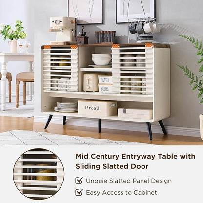 OKD Entryway Table with Sliding Slatted Door, 46" Mid Century Modern Wood Console Table w/Adjustable & Open Storage Shelf, Sofa Table Behind Couch for Hallway, Foyer, Living Room, Antique White