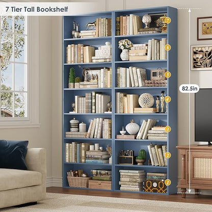 FACBOTALL 82" Tall Bookshelf, 7-Tier Open Shelves Bookcase, Freestanding Display Storage Shelves, Tall Bookcase Home Decor Furniture for Home Office, Living Room, Bedroom, Blue